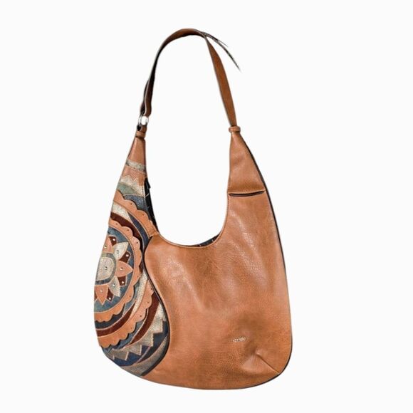 Kensie Hobo Purse Shoulder Bag Denim Patchwork Design Faux Brown Leather - Picture 3 of 17
